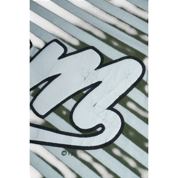 Vintage B.U.M. Equipment Striped T-Shirt Green White Logo Spellout 90s Size M - Picture 4 of 4